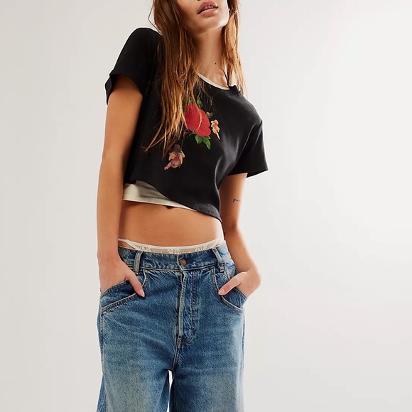 FREE PEOPLE BOYS LIE RISING ANGELS CROPPED BLACK TEE LARGE - Picture 3 of 6